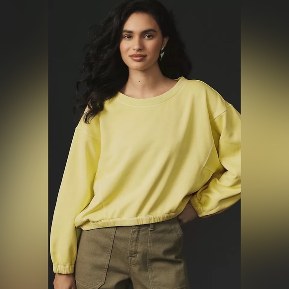 Anthropologie Boxy Cropped Pullover Light Yellow green Sweatshirt size small - Picture 2 of 13